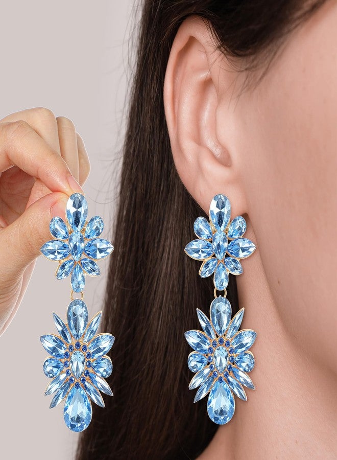Shimmeroo Light Blue Earrings for Women,Dangle Earrings Rhinestone Flower Crystal Drop Earring Dangling Earring for Wedding Brides Jewelry Gifts - Image 4